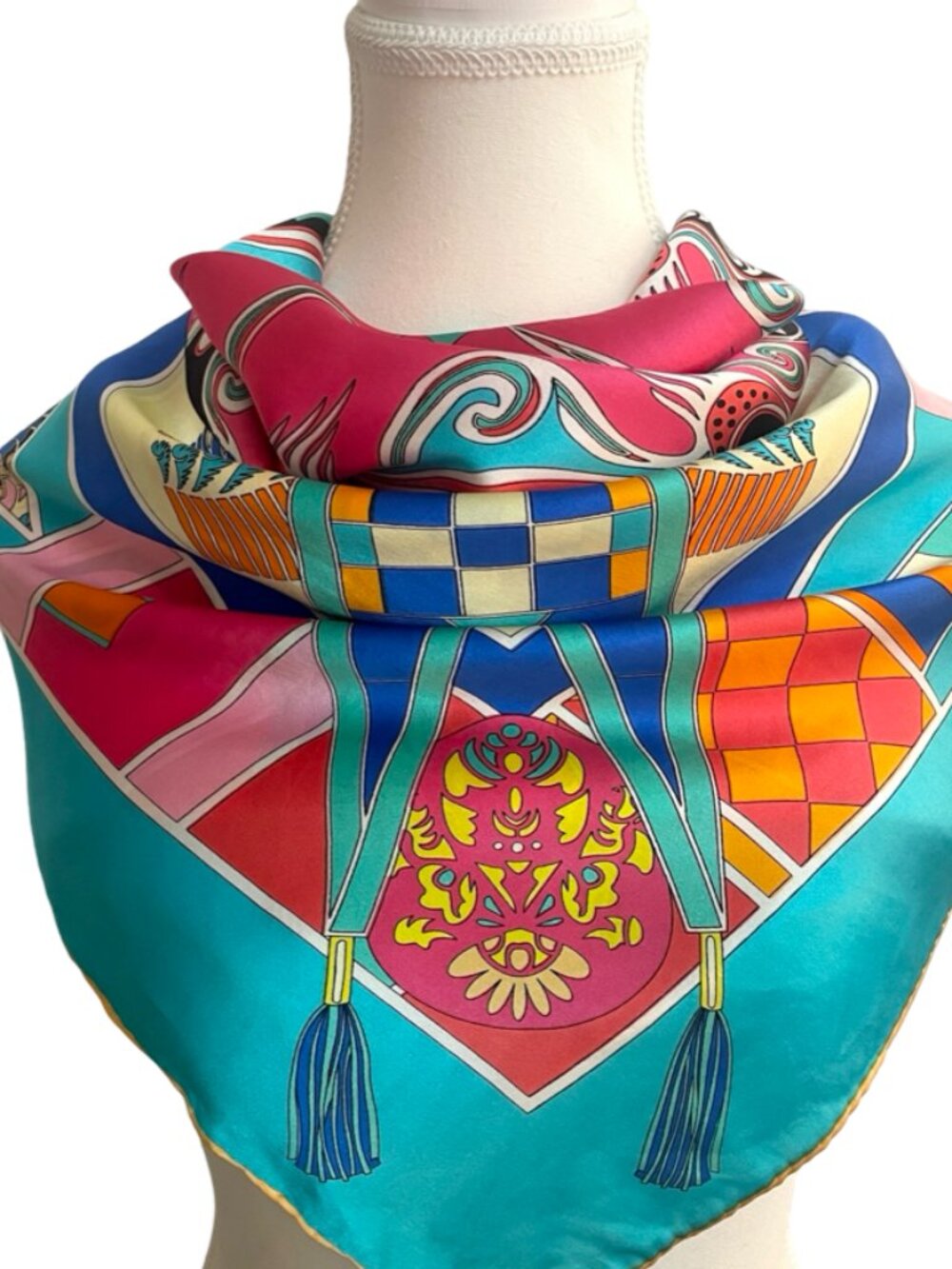 Vibrant Asian Opera Mask Inspired Silk Feel Scarf 33" Square Multicolor